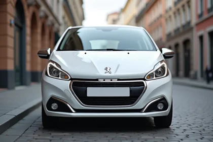Peugeot 208 blanche garée sur un pavé urbain européen, vue trois quarts avant avec bokeh de rue