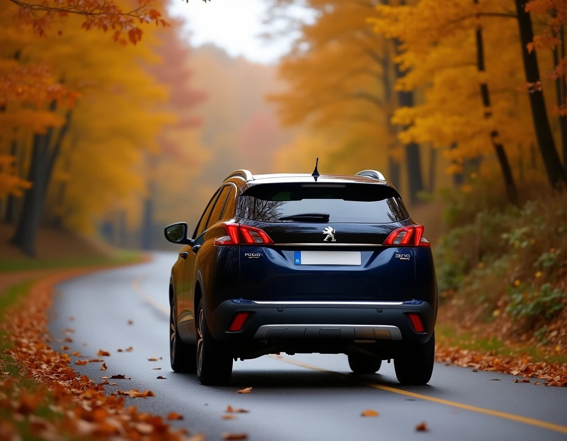 Peugeot 3008 bleu marine sur une route de campagne en automne, vue arrière trois quarts mettant en scène le SUV familial dans un environnement naturel
