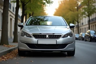 Peugeot 308 grise garée dans une rue pavillonnaire française, vue trois quarts avant, illustrant la fiabilité et l'esthétique du modèle 2026