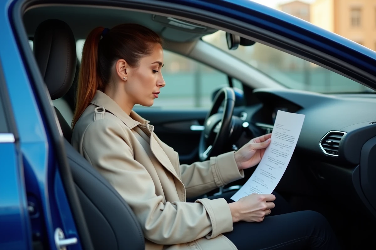 Femme examinant une facture d'entretien dans une Peugeot 308 bleue, illustrant les coûts cachés et les frais réels liés à la possession du véhicule en 2026