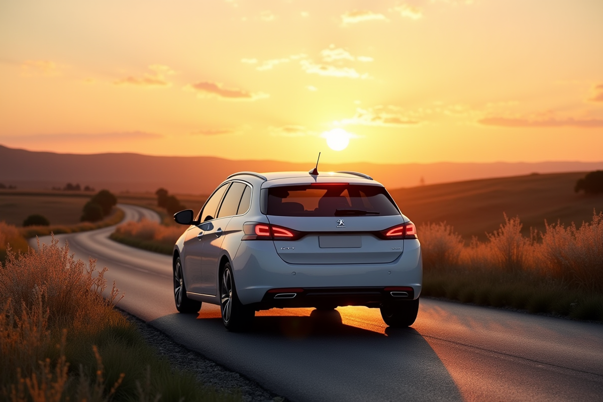 Vue arrière de la Peugeot 308 GT Line en campagne au coucher du soleil