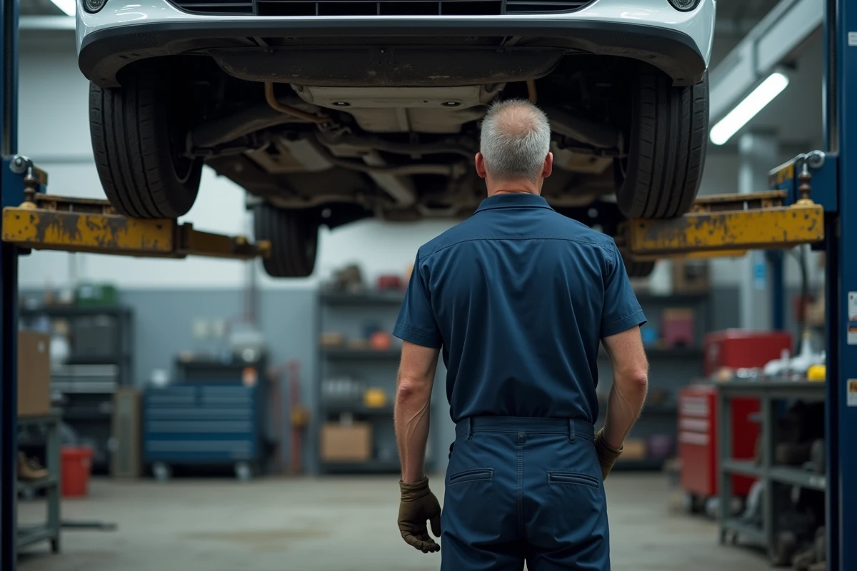 Mécanicien inspectant le dessous d'une Peugeot 308 blanche sur un pont élévateur dans un garage automobile français, symbolisant les coûts d'entretien et de réparation