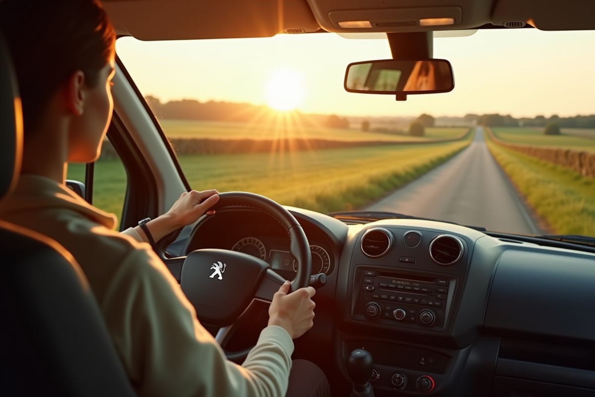 Peugeot Partner Tepee en campagne avec lumière dorée et paysage vert