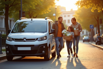 Voiture Peugeot Partner Tepee automatique en ville avec famille chargant des courses