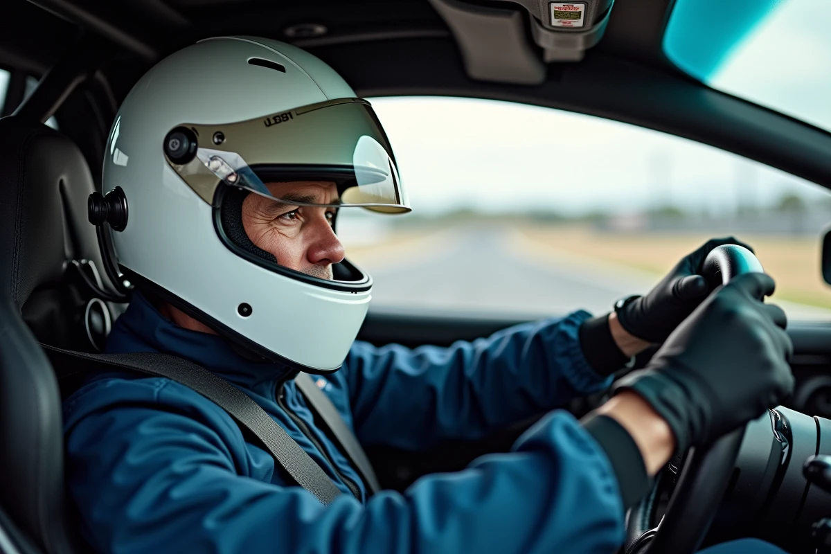 Cadre d'entreprise au volant d'une voiture de circuit pendant un stage de pilotage professionnel, casque et combinaison de sécurité