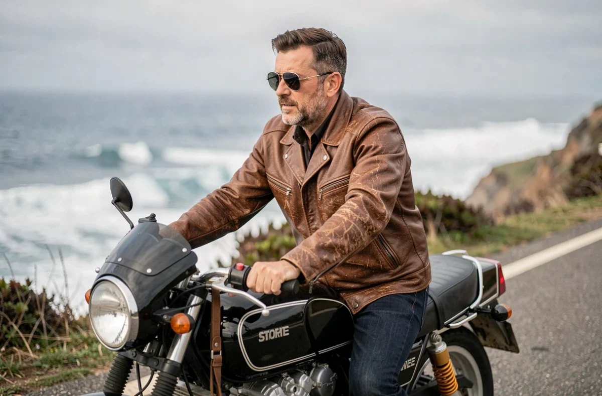 Pilote de moto en blouson aviateur cuir sur une route côtière falaise, inspiré de l'esthétique iconique de Top Gun