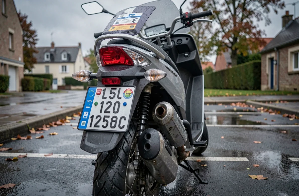 Détail de la plaque d'immatriculation et de la vignette d'assurance d'une moto 125 sur parking mouillé