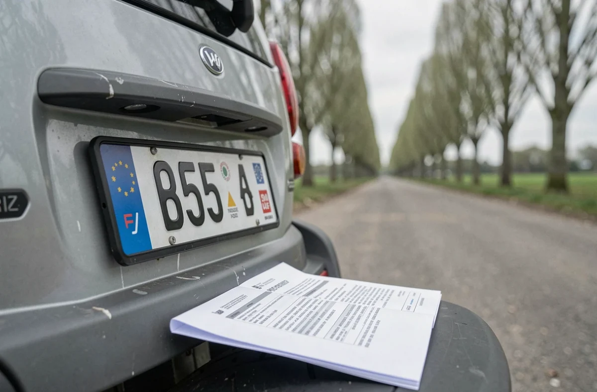 Plaque d'immatriculation et document administratif d'une voiture sans permis en gros plan