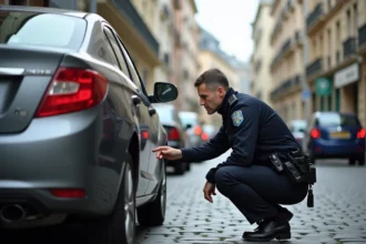 Agent de police inspectant une plaque d'immatriculation sur une voiture en stationnement dans une rue française