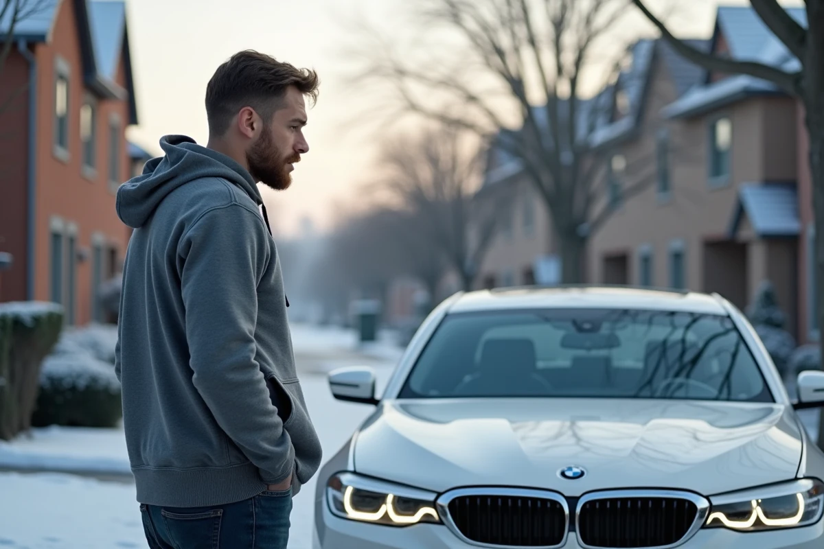 Propriétaire d'une BMW inquiet face au voyant moteur allumé par temps froid devant son domicile