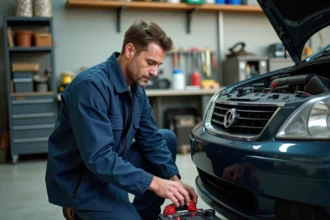 Homme connectant un chargeur de batterie voiture dans un garage résidentiel