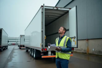 Remorque frigorifique blanche ouverte dans un entrepôt logistique avec un technicien inspectant l'intérieur isotherme