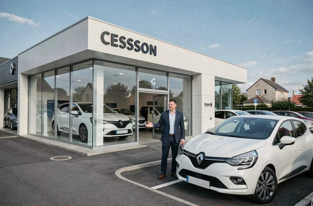 Showroom Renault Melun - Car Lovers à Cesson avec des voitures de location disponibles sur le parvis du concessionnaire