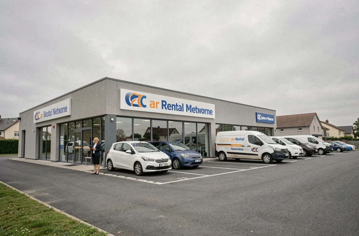 Agence du réseau Rent A Car Seine-et-Marne avec plusieurs véhicules disponibles devant une façade commerciale moderne