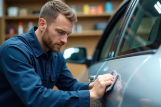 Technicien automobile appliquant un produit écologique de réparation de rayures sur une portière de voiture argentée dans un atelier