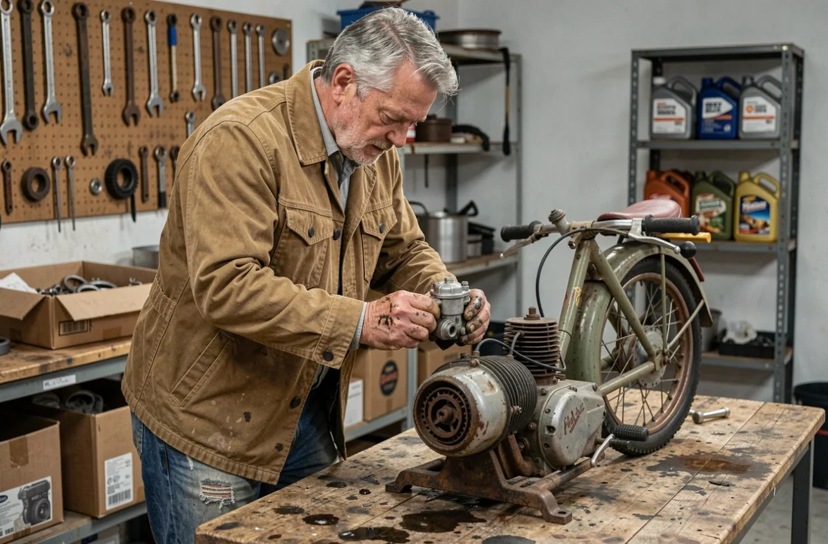 Homme inspectant le moteur d'une Mobylette démontée dans un garage vintage rempli d'outils et de pièces détachées