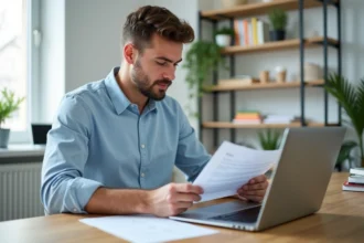 Jeune homme révisant un document PDF de questions de permis de conduire à côté d'un quiz en ligne sur ordinateur portable