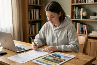 Jeune femme révisant les questions orales du permis de conduire avec un manuel et des fiches imprimées sur un bureau en bois