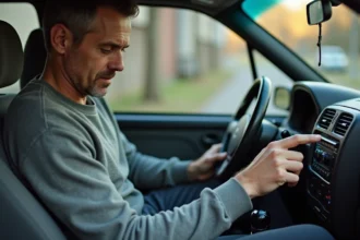 Homme entrant le code radio sur un autoradio d'origine Renault Clio dans l'habitacle de la voiture