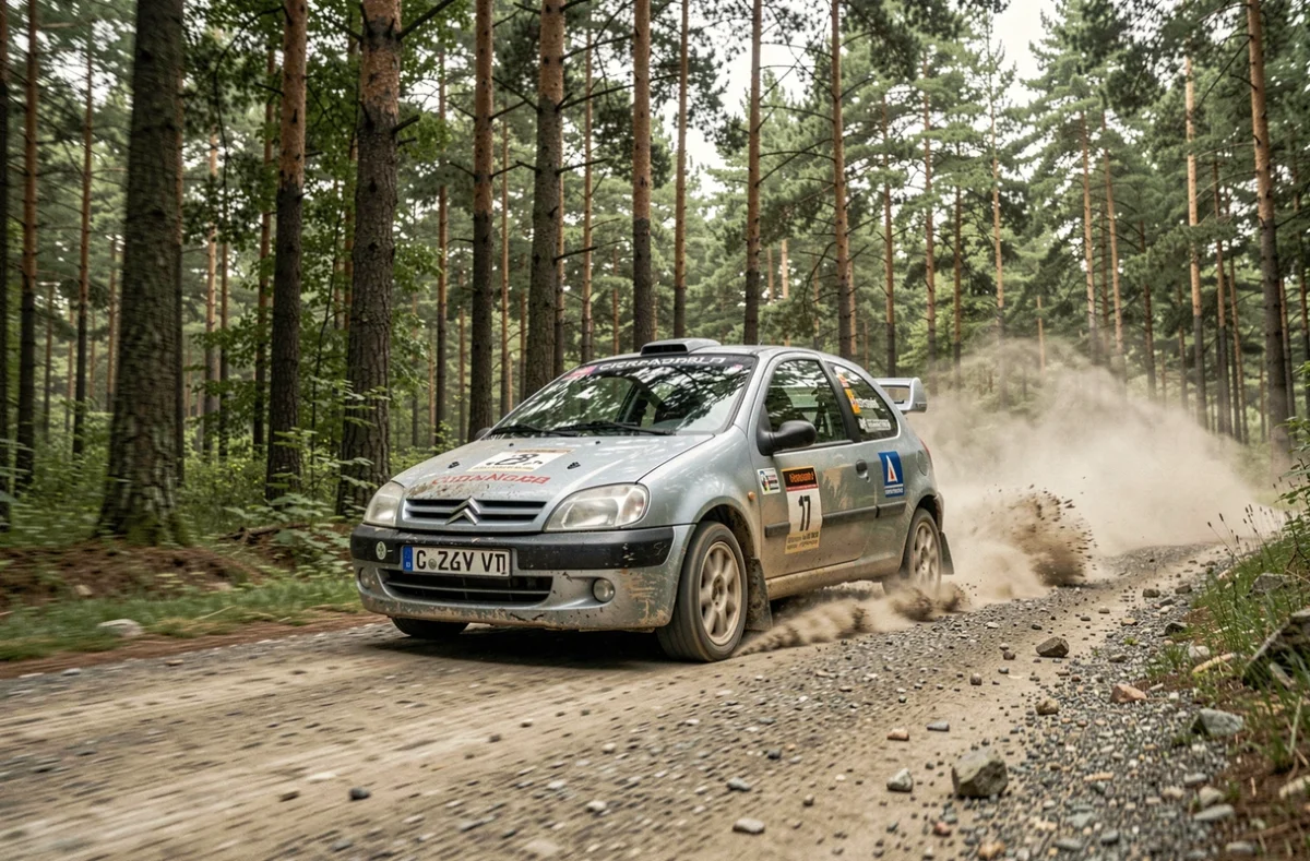 Citroën Saxo VTS en action sur une spéciale de gravier en forêt lors d'un rallye