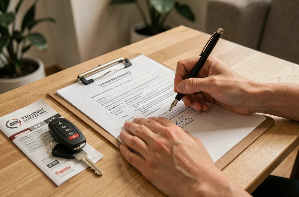 Signature d'un contrat d'assurance auto avec des clés de voiture sur une table en bois