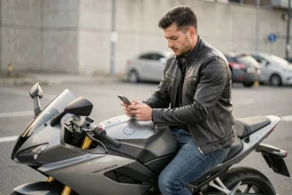 Motard consultant son smartphone pour faire une simulation d'assurance moto gratuite en ligne