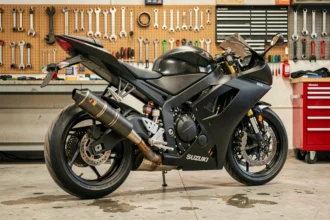 Suzuki GSX-R Srad avec modifications aftermarket dans un atelier mécanique urbain, vue trois-quarts arrière