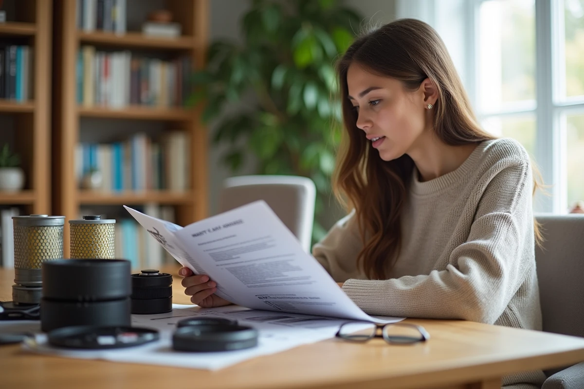 Jeune femme lisant un devis auto sur une table à la maison