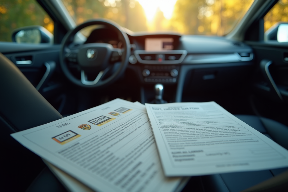 Tableau de bord de voiture avec plaques et documents