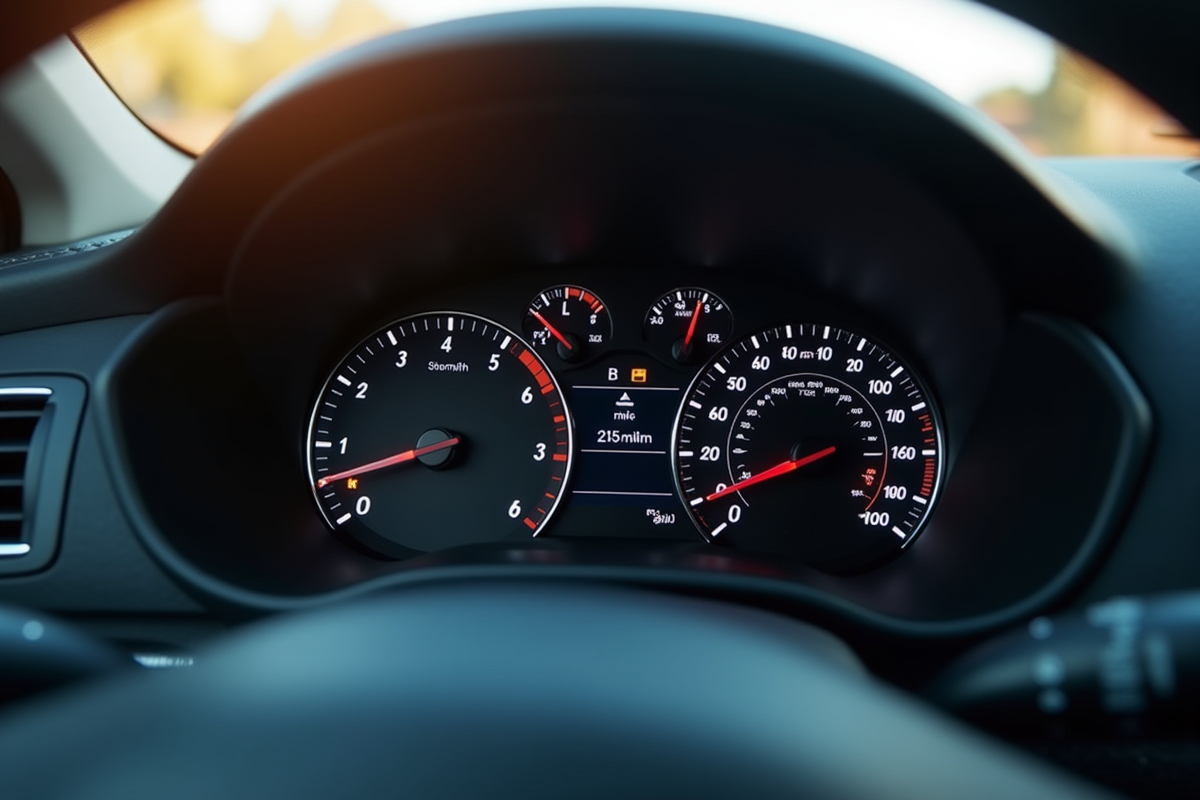 Tableau de bord voiture avec miles et km en vue