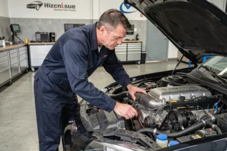 Technicien spécialisé Brabus inspectant un moteur préparé dans un atelier de tuning automobile professionnel