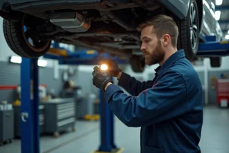 Technicien automobile inspectant la boîte de vitesses Eat8 sous un véhicule surélevé dans un atelier professionnel