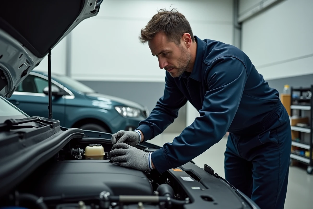 Technicien automobile inspectant un moteur 1.6 HDi dans le compartiment moteur d'une Peugeot 308 en concession