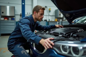 Technicien automobile inspectant le moteur d'une BMW avec voyant moteur allumé dans un garage professionnel