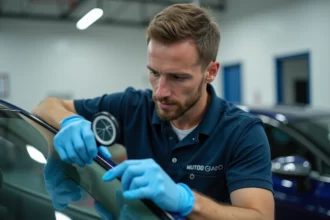 Technicien Carglass inspectant un impact sur un pare-brise avant réparation en atelier