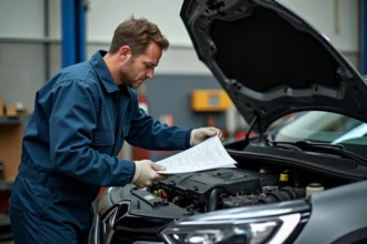 Technicien automobile consultant un schéma électrique sous le capot d'une Renault Mégane 3 dans un atelier professionnel