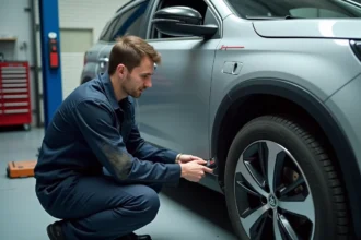 Technicien automobile branchant une valise OBD2 sous le tableau de bord d'une Peugeot pour diagnostiquer le code erreur P0087