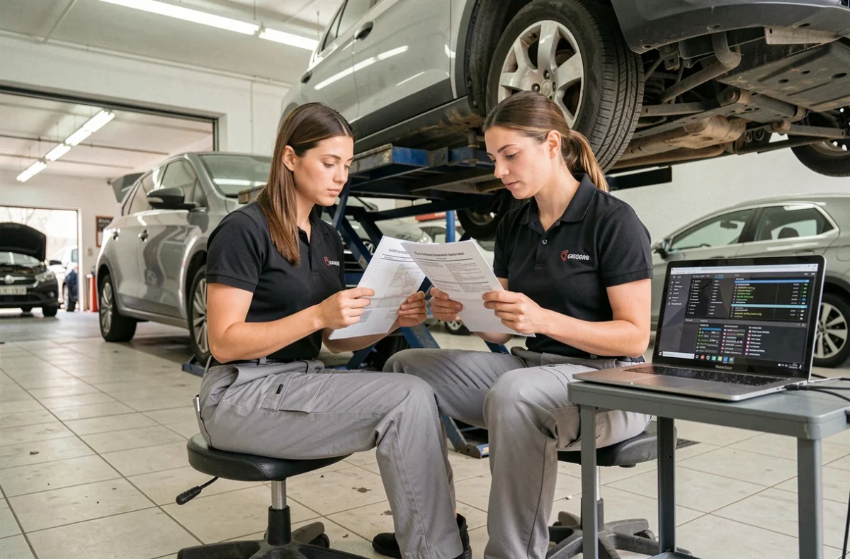 Technicienne automobile analysant les codes défauts d'un moteur HDi 90 sur pont élévateur en garage
