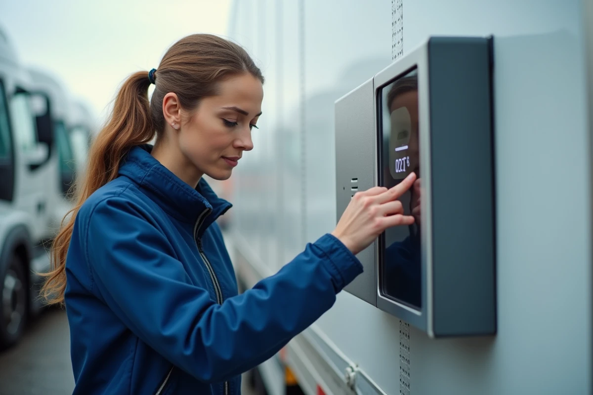 Femme technicienne vérifiant le thermostat numérique d'une remorque frigorifique lors d'une inspection avant achat