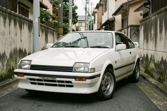 Toyota AE86 Trueno Corolla blanche d'origine garée dans une ruelle urbaine japonaise authentique
