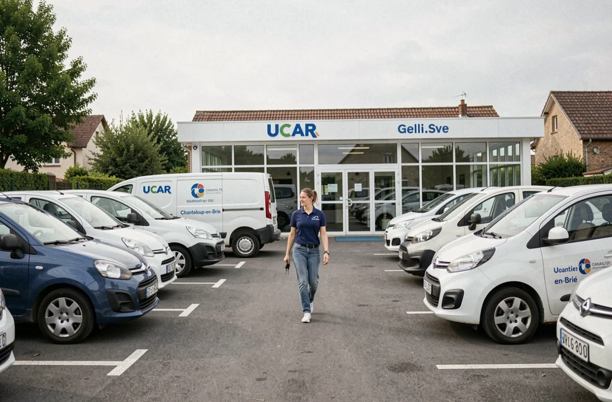Agence UCAR Chanteloup-en-Brie avec voitures de location et utilitaires garés sur le parking de l'agence