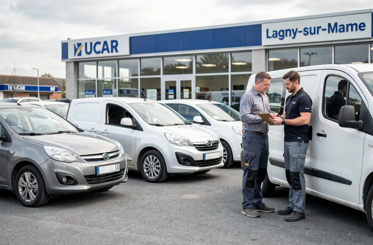 Agence UCAR Lagny-sur-Marne avec voitures et utilitaires disponibles à la location dans le parking