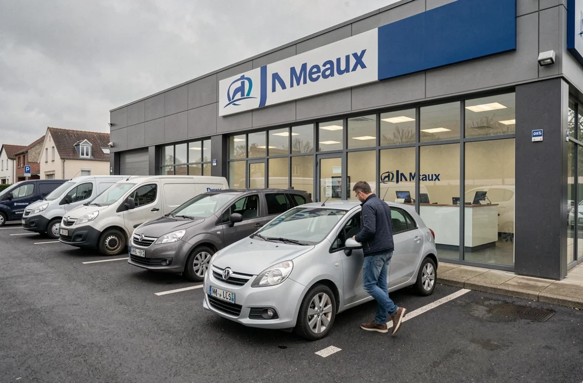 Parking de l'agence UCAR Meaux avec voitures et utilitaires proposés à la location