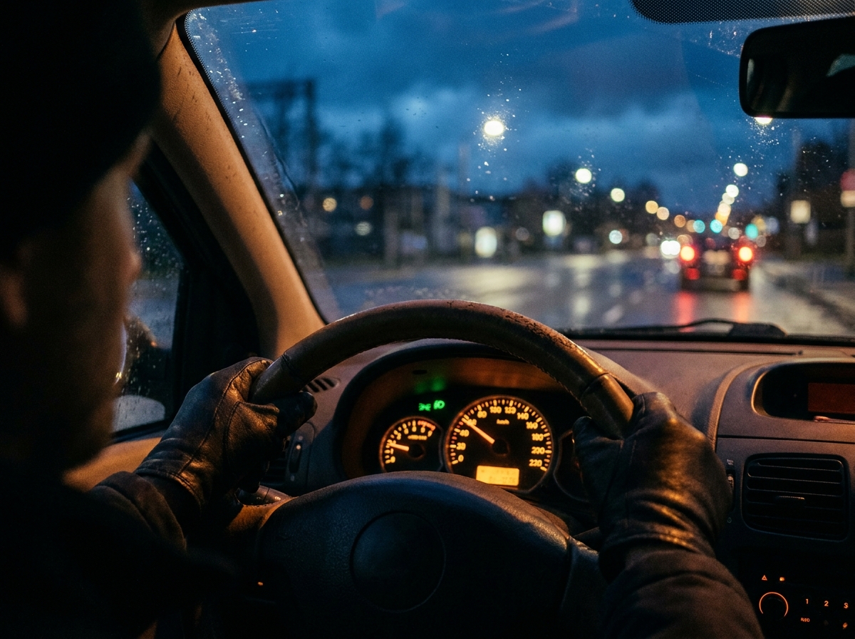 Vue intérieure depuis le siège conducteur avec le témoin des feux de croisement allumé sur le tableau de bord de nuit