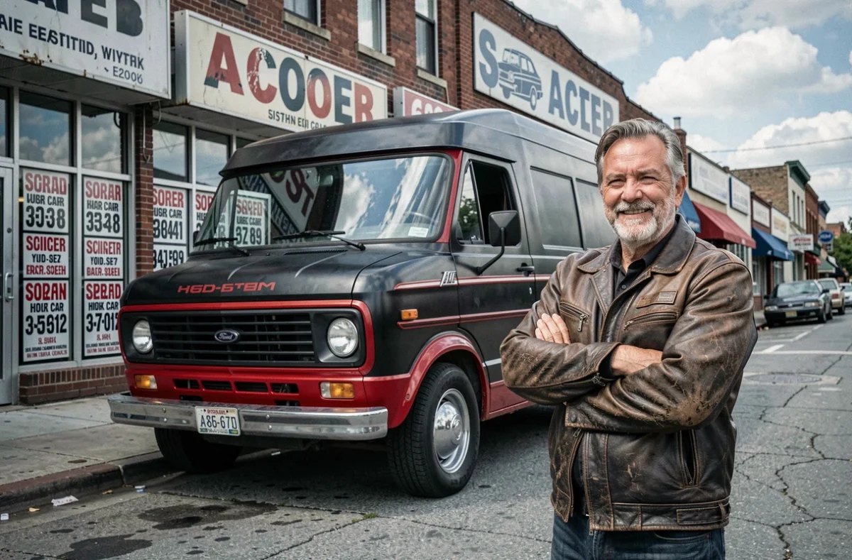 Van cargo vintage style Agence tous risques noir et rouge garé devant des concessionnaires de véhicules d'occasion en ville