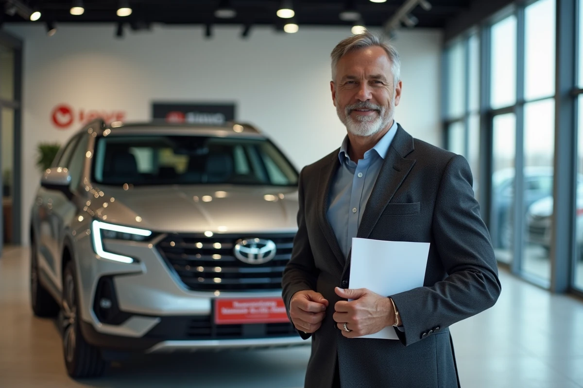 Vendeur automobile présentant une plaque rouge provisoire sur un SUV neuf en salle d'exposition