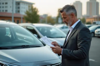 Vendeur automobile examinant le prix d'un véhicule d'occasion dans un parc de revente suite à l'annulation de la ZFE