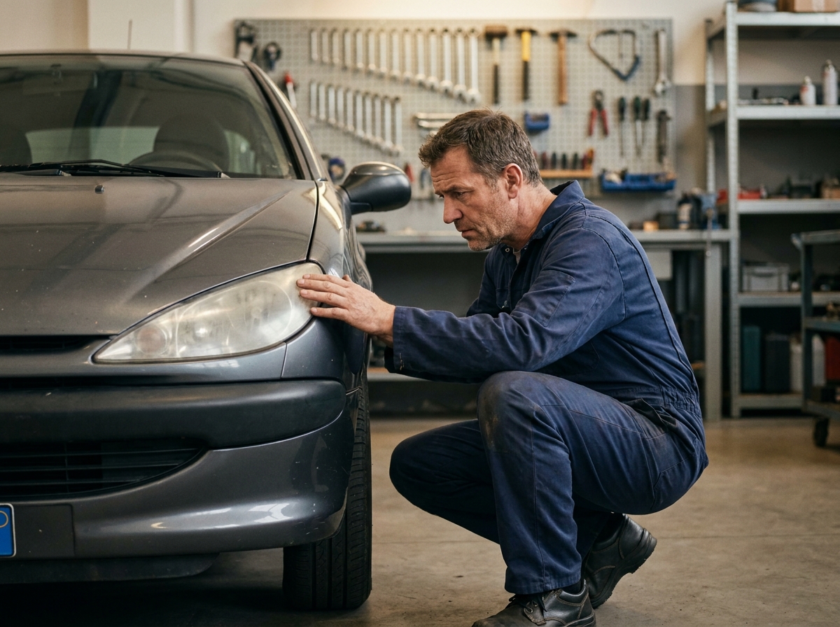 Un mécanicien inspectant attentivement l'état des phares d'une petite citadine dans un garage