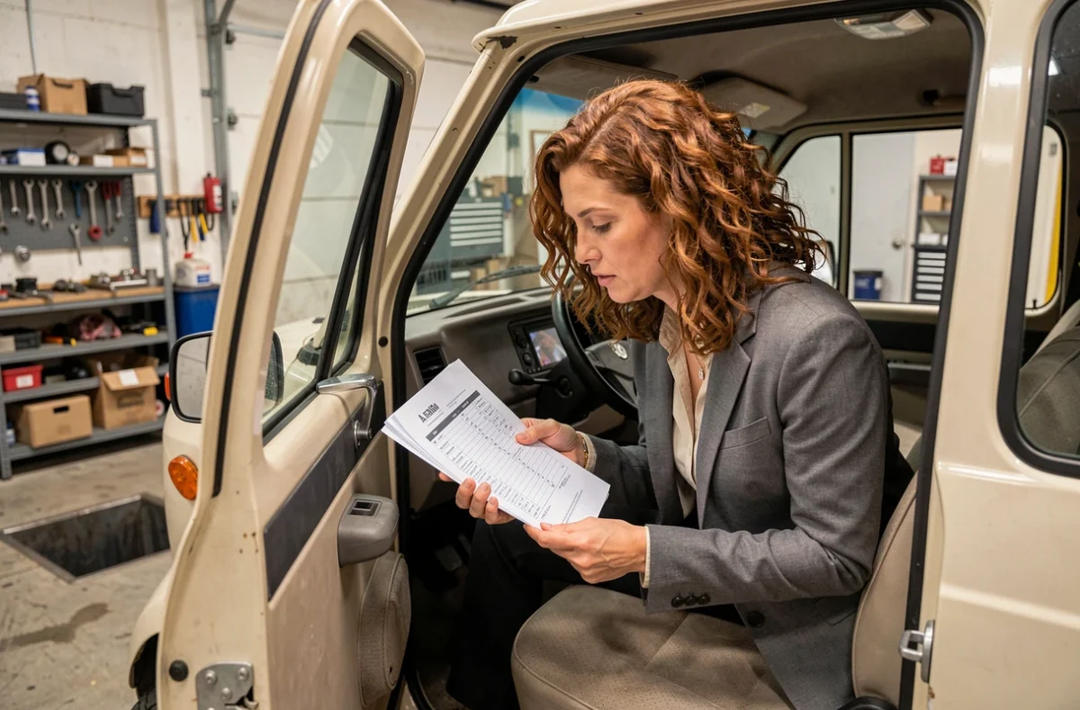 Femme consultant le carnet d'entretien d'un van cargo d'occasion dans un garage mécanique