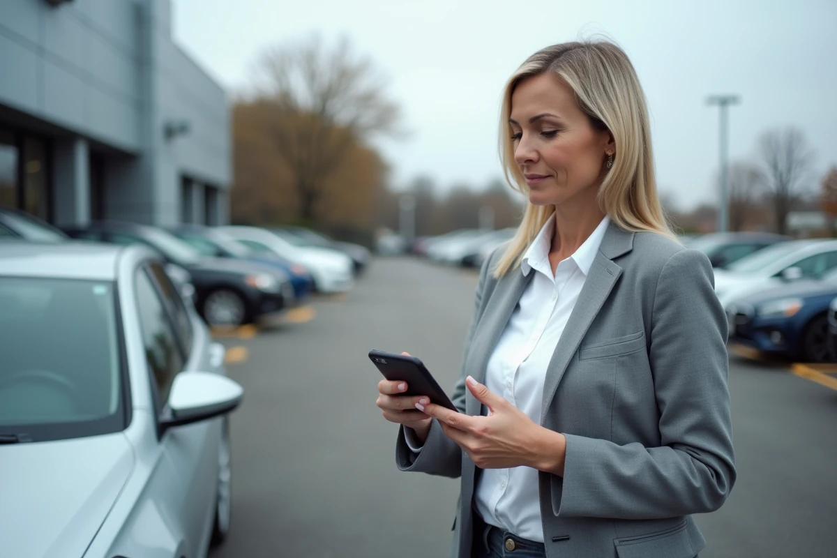 Femme consultant un rapport historique véhicule sur smartphone lors d'un achat de voiture d'occasion en concession